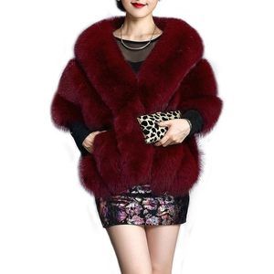 Women's Luxury Party Faux Fox Fur Long Shawl Cloak Cape For Winter Burgundy A🐴